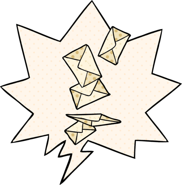 Bir insan tarafından çizilmiş çizgi roman tarzında konuşma baloncuğuyla düşen karikatür zarfları