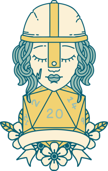 Retro Dövme Tarzı İnsan Savaşçısı Doğal 20 rulo ile Bir insan tarafından çizilmiş