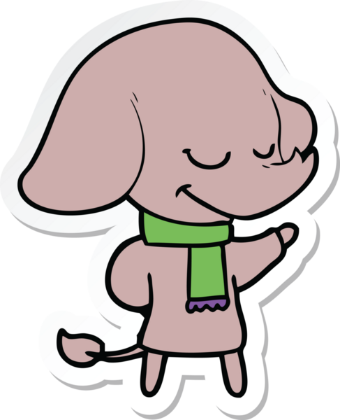 Bir insan tarafından çizilmiş eşarp takan gülümseyen bir filin çıkartması.