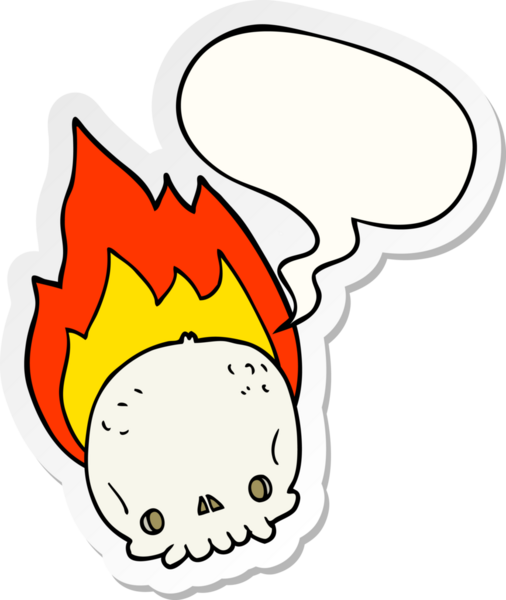 Bir insan tarafından çizilmiş konuşma kabarcığı çıkartmalı, alevli bir kafatası.