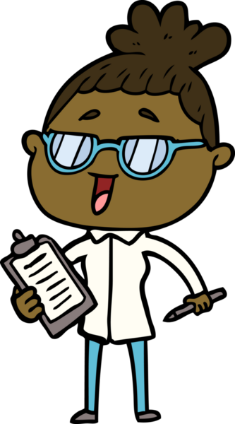 Bir insan tarafından çizilmiş gözlüklü mutlu kadın çizgi filmi.