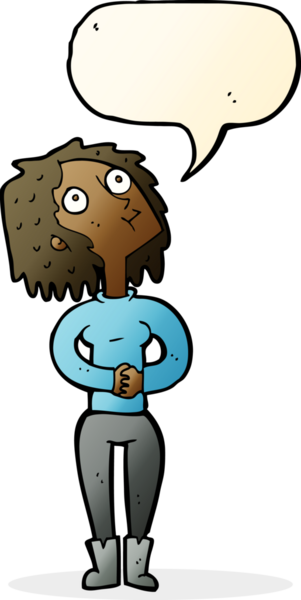 Bir insan tarafından çizilmiş bir konuşma balonuyla yukarı bakan çizgi film kadını.