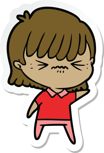 Bir insan tarafından çizilmiş kızgın bir çizgi film kızına ait etiket.