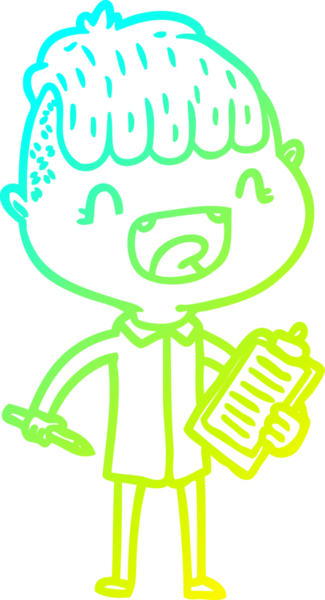 Bir çizgi film karakteri çizen soğuk gradyalı mutlu çocuk bir insan tarafından çizilmiş.