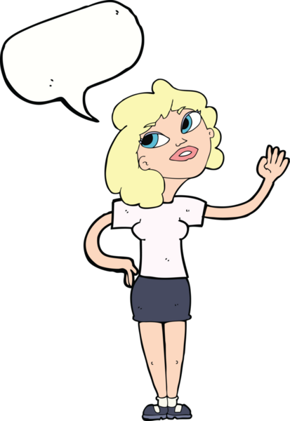 Bir insan tarafından çizilmiş bir konuşma balonuyla el sallayan çizgi film kadını.