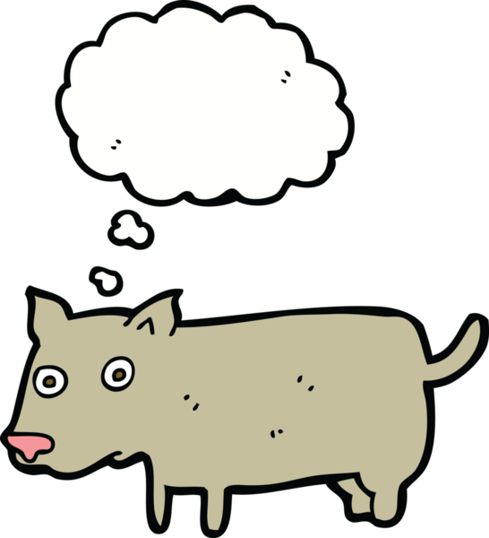 Bir insan tarafından çizilmiş düşünce balonu olan küçük bir köpek.