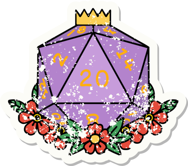 Bir insan tarafından çizilmiş çiçek elementleriyle 20 D20 zarının grunge sticker 'ı.