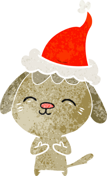 Mutlu el çizimi. Bir insan tarafından çizilmiş Noel Baba şapkası takan bir köpeğin eski çizgi filmi.