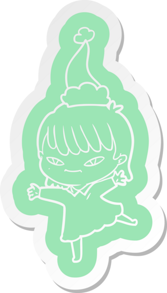 Bir insan tarafından çizilmiş Noel Baba şapkası giyen bir kadının garip çizgi film etiketi.