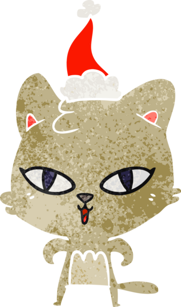 Bir insan tarafından çizilmiş Noel Baba şapkası takan bir kedinin retro karikatürü.