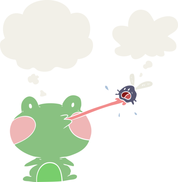 Bir insan tarafından çizilmiş düşünce baloncuğuyla sineği yakalayan kurbağa.