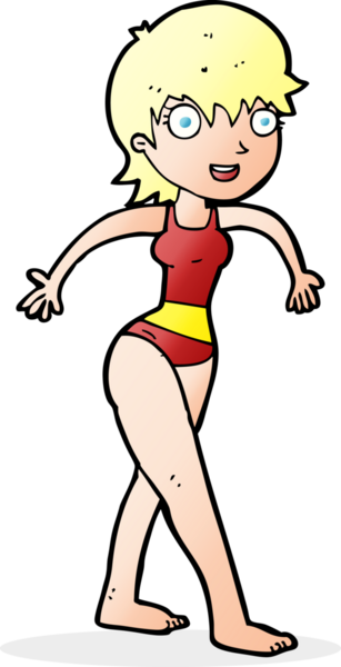 Bir insan tarafından çizilmiş yüzme kostümlü mutlu kadın çizgi filmi.