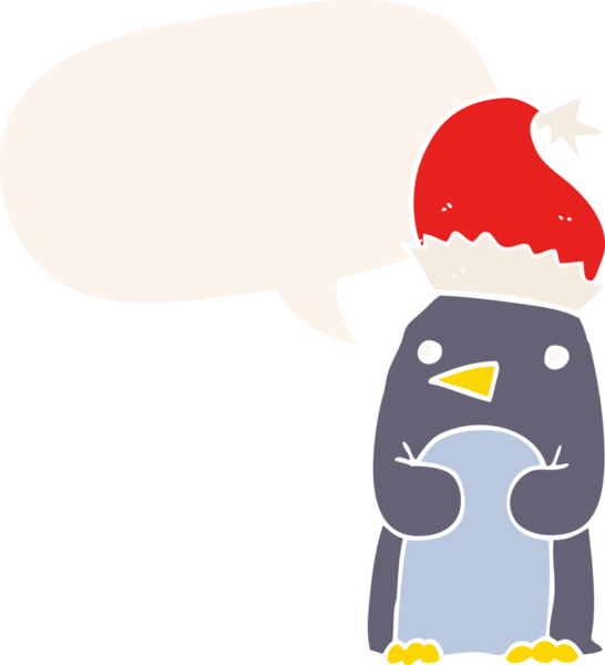 Bir insan tarafından çizilmiş retro tarzı konuşma baloncuğu olan sevimli bir Noel pengueni.