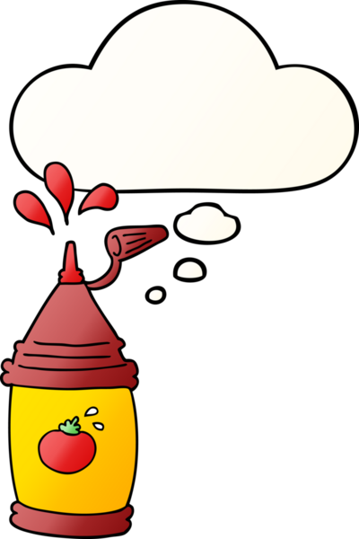 Düşünce baloncuklu ketçap şişesi. Bir insan tarafından çizilmiş.