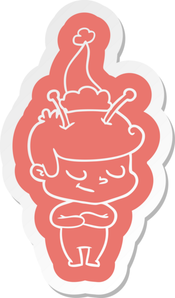 Bir insan tarafından çizilmiş Noel Baba şapkası giyen bir uzay adamının dostça bir çizgi film çıkartması.