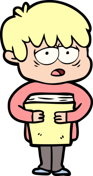 Bir insan tarafından çizilmiş bir kitabı tutan bitkin bir çocuk.