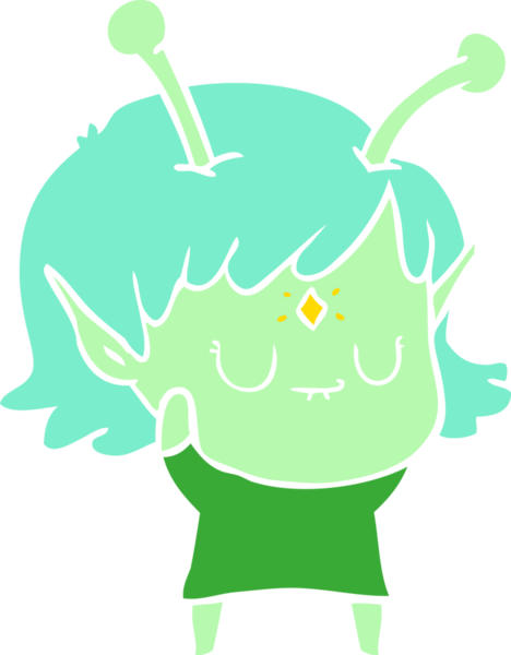 Bir insan tarafından çizilmiş düz renkli uzaylı kız çizgi filmi.