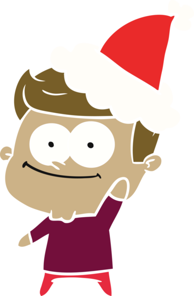 Bir insan tarafından çizilmiş Noel Baba şapkası takan mutlu bir adamın düz renkli çizimi.
