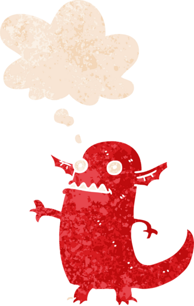 Karikatür cadılar bayramı canavarı. Grunge 'da düşünce baloncuğu var. İnsan tarafından çizilmiş derili eski tarz.