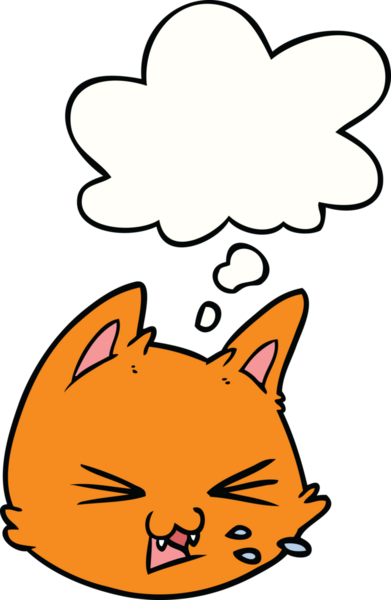 Bir insan tarafından çizilmiş düşünce baloncuğu ile çizgi film kedi suratı tükürüyor.