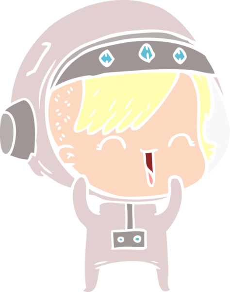 Düz renkli çizgi film. Gülen astronot kız bir insan tarafından çizilmiş.