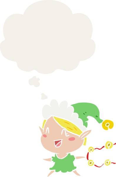 Çizgi film mutlu noel elfi. Düşünce baloncuğu insan tarafından çizilmiş.