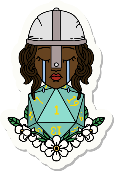 Ağlayan bir insan dövüşçüsünün çıkartması. Bir insan tarafından çizilmiş doğal bir D20 rulosu.