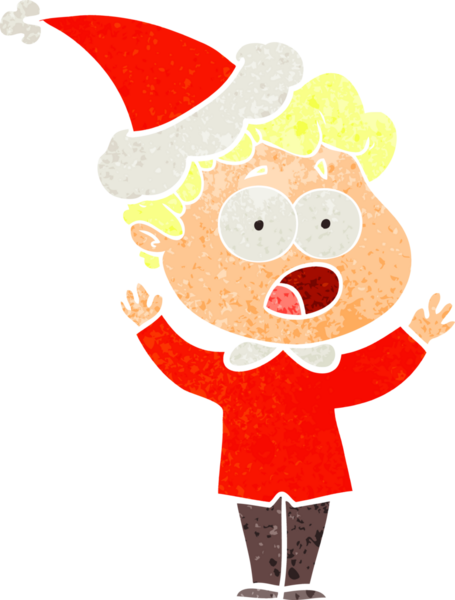 Bir insan tarafından çizilmiş Noel Baba şapkasıyla şaşırmış bir adamın el çizimi karikatürü.