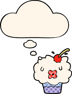 Bir insan tarafından çizilmiş, düşünce baloncuklu çizgi roman tarzı kek.