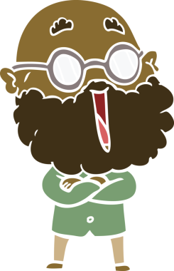 Düz renkli karikatür, neşeli, sakallı bir insan tarafından çizilmiş.