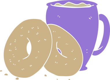 Bir insan tarafından çizilmiş düz renkli çizgi film kahve ve çörekler.