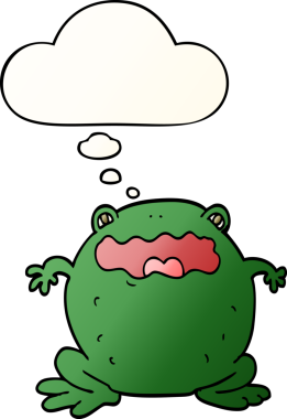 Bir insan tarafından çizilmiş yumuşak eğimli düşünce baloncuklu çizgi film karakurbağası.