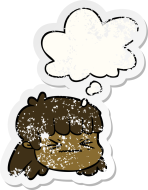 Düşünce baloncuklu karikatür kadın yüzü bir insan tarafından çizilmiş yıpranmış bir çıkartma gibi.