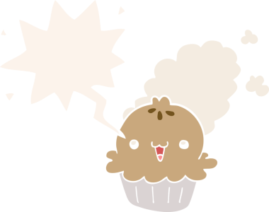 Bir insan tarafından çizilmiş, konuşma baloncuklu şirin bir çizgi film pastası.