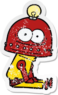 Bir insan tarafından çizilmiş ampullü mutlu bir robot çıkartması.