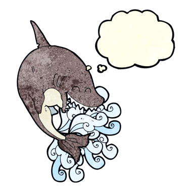 Bir insan tarafından çizilmiş düşünce baloncuklu çizgi film köpekbalığı.
