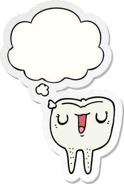 İnsan tarafından çizilmiş bir çıkartma gibi düşünce baloncuklu çizgi film mutlu dişi.