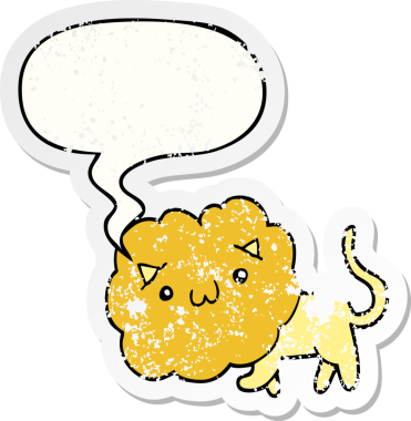 Konuşma baloncuğu olan karikatür aslanı bir insan tarafından çizilmiş sıkıntılı eski bir çıkartma