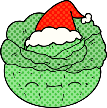 Bir insan tarafından çizilmiş Noel Baba şapkası takan bir lahananın el çizimi çizgi roman tasviri