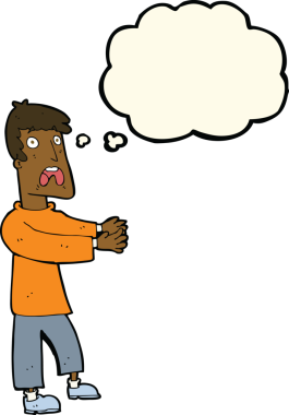 Bir insan tarafından çizilmiş düşünce baloncuğuyla dehşete düşmüş bir adam.