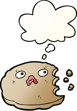 insan tarafından çizilmiş yumuşak eğimli düşünce baloncuklu karikatür ısırılmış kurabiye.