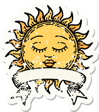 Bir insan tarafından çizilmiş güneşin bayrağı olan eski bir etiket