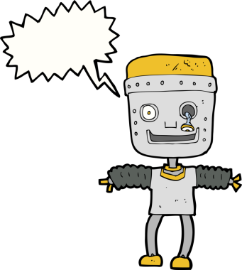 Bir insan tarafından çizilmiş konuşma balonu olan çizgi film robotu.