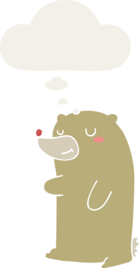 Bir insan tarafından çizilmiş düşünce baloncuğu olan sevimli çizgi film ayısı.