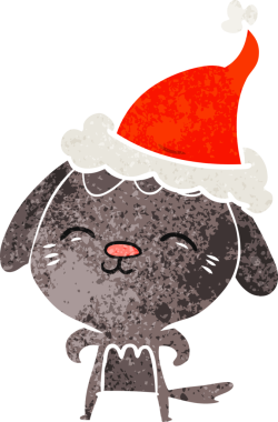 Mutlu el çizimi. Bir insan tarafından çizilmiş Noel Baba şapkası takan bir köpeğin eski çizgi filmi.