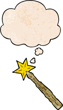 bir insan tarafından çizilmiş grunge doku biçiminde düşünce baloncuğu olan çizgi film sihirli değneği.