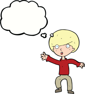 Bir insan tarafından çizilen düşünce baloncuğu ile panikleyen çocuk.