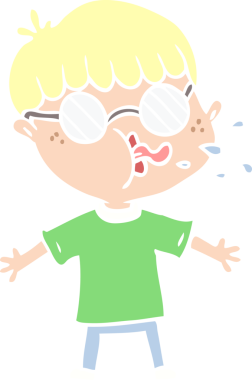 Bir insan tarafından çizilmiş gözlük takan düz renkli çizgi film çocuğu.