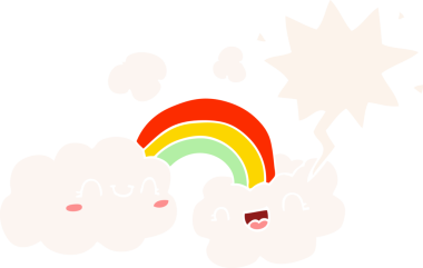 Mutlu karikatür bulutları ve gökkuşağı insan tarafından çizilmiş retro tarzı konuşma baloncuğu