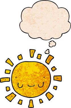 Bir insan tarafından çizilmiş grunge desenli düşünce baloncuklu çizgi film güneşi.